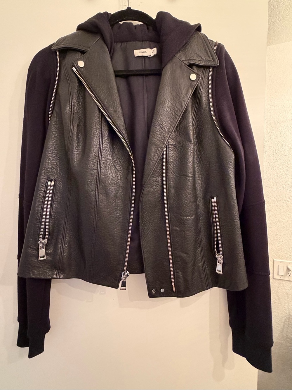 Vince Black Leather Moto Jacket with Hooded Knit Sleeves
